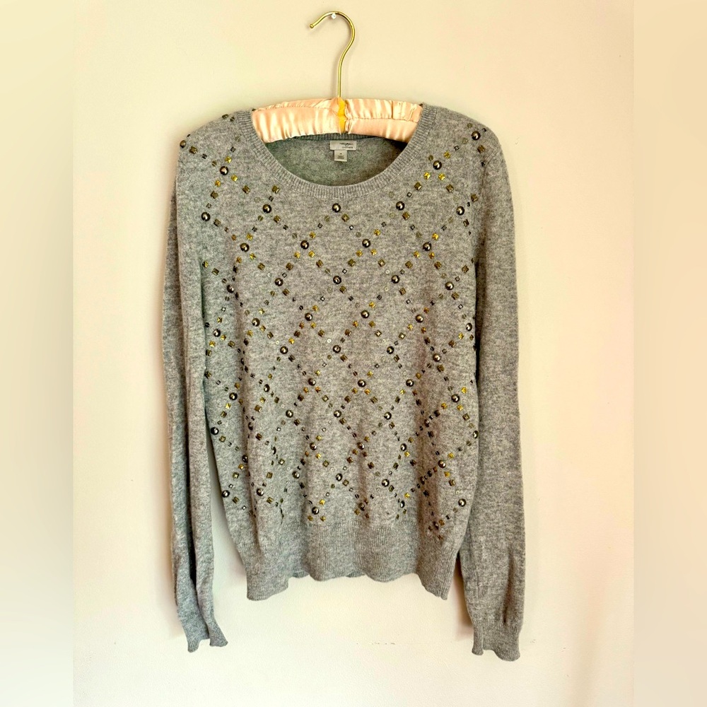 Halogen Grey 100% Cashmere Beaded Sweater